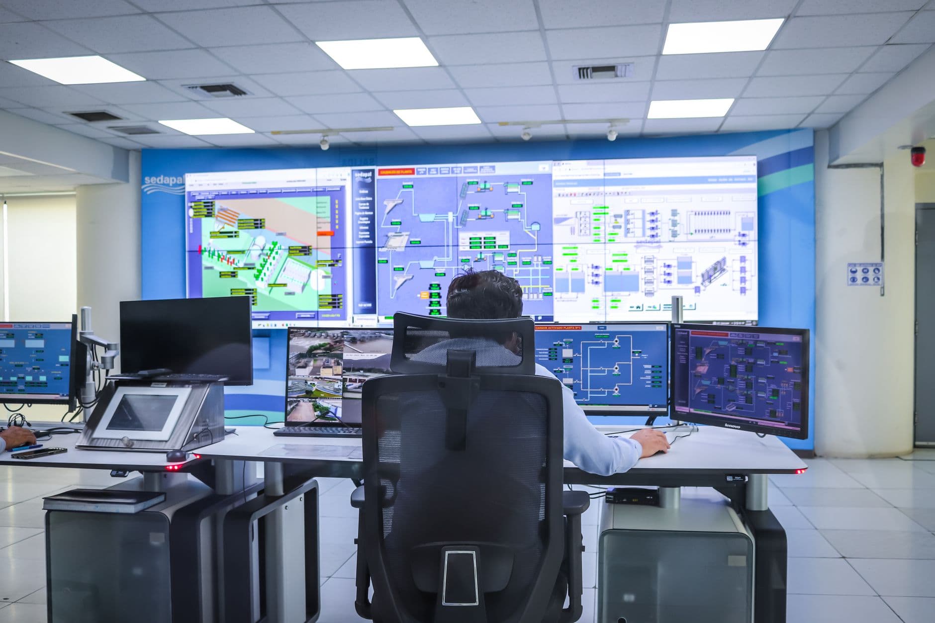 Network operations center with several monitoring screens