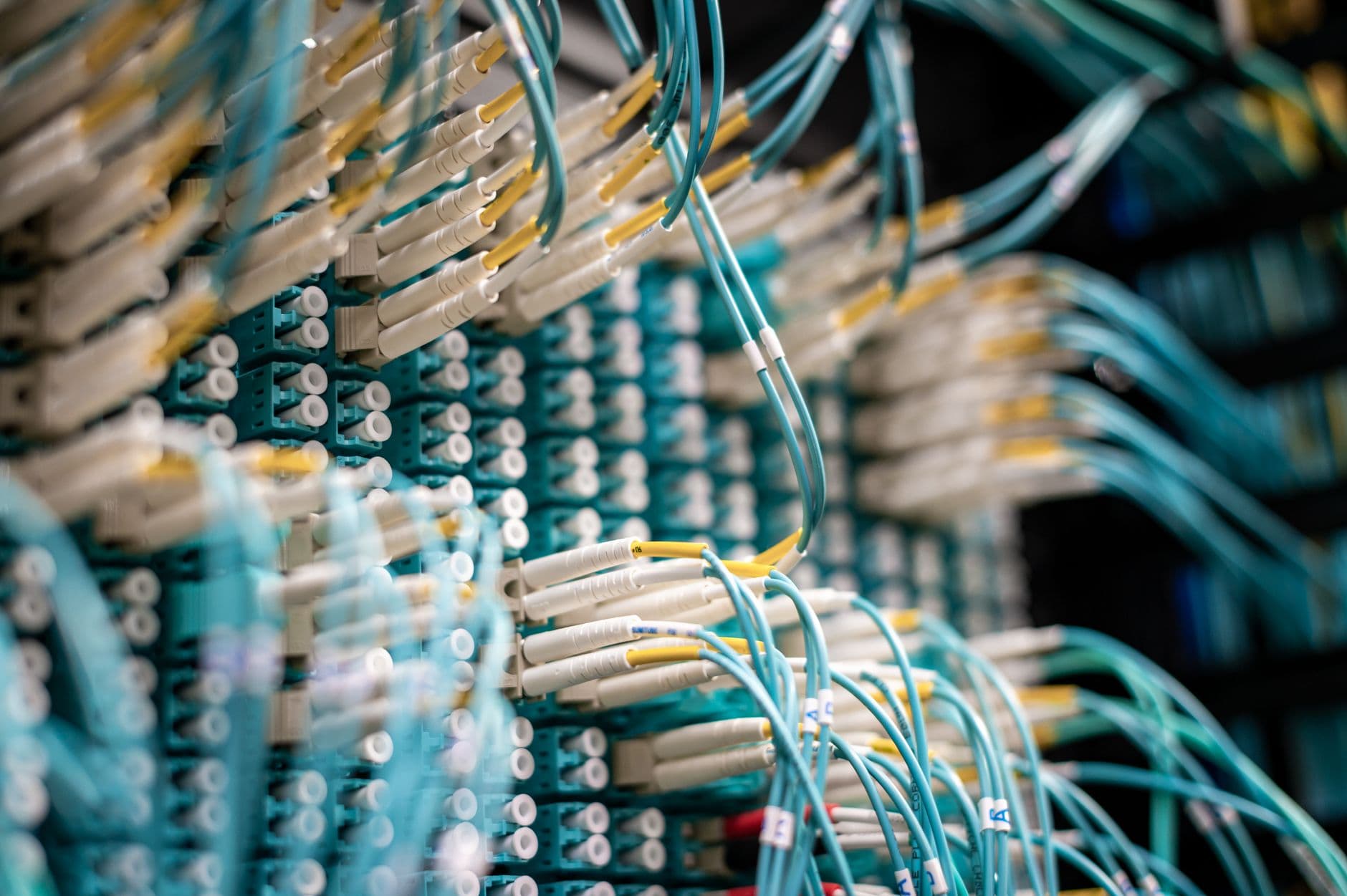 Fiber optic patch panel with neatly organized cables in a network rack