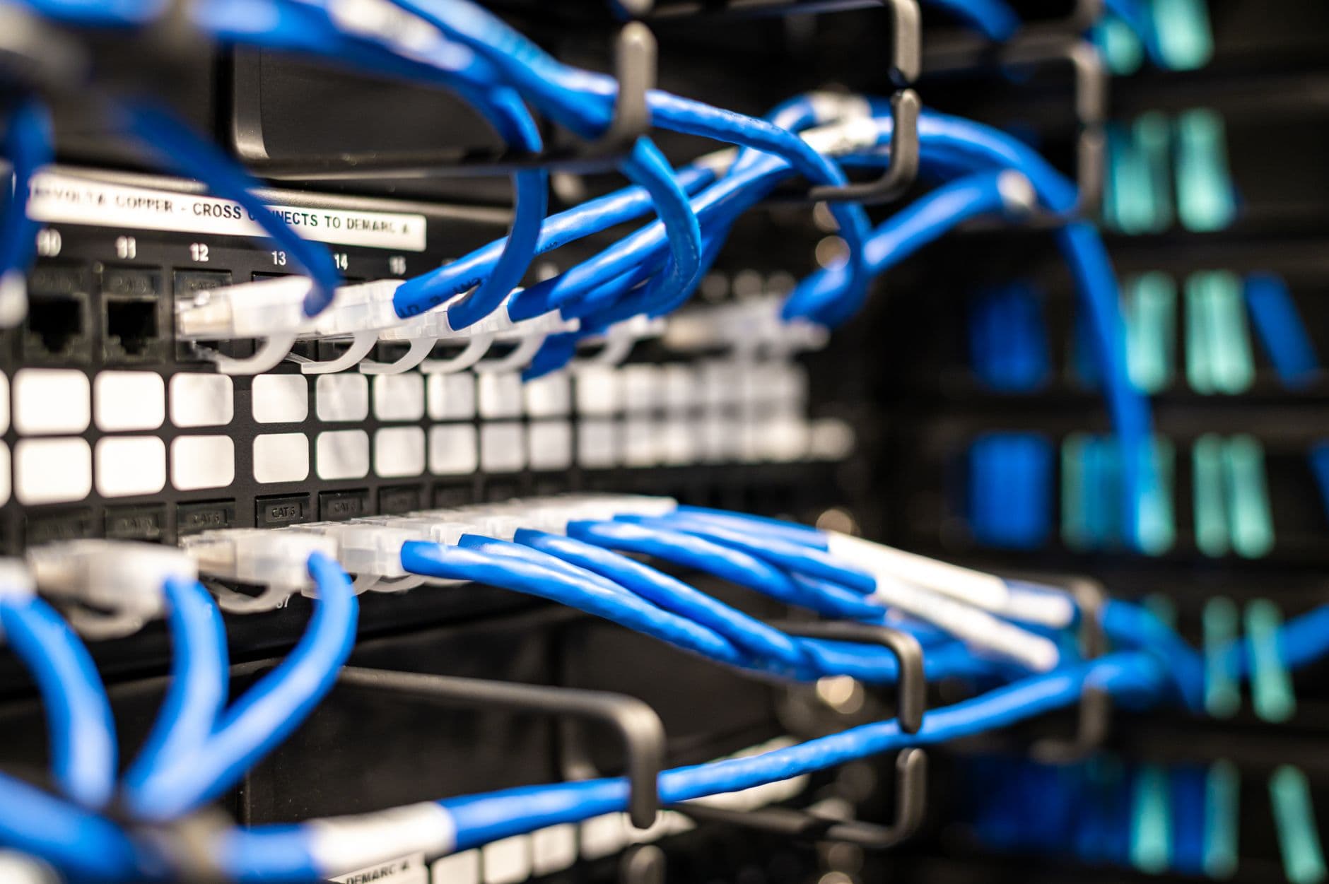 Structured cabling organized on a rack patch panel