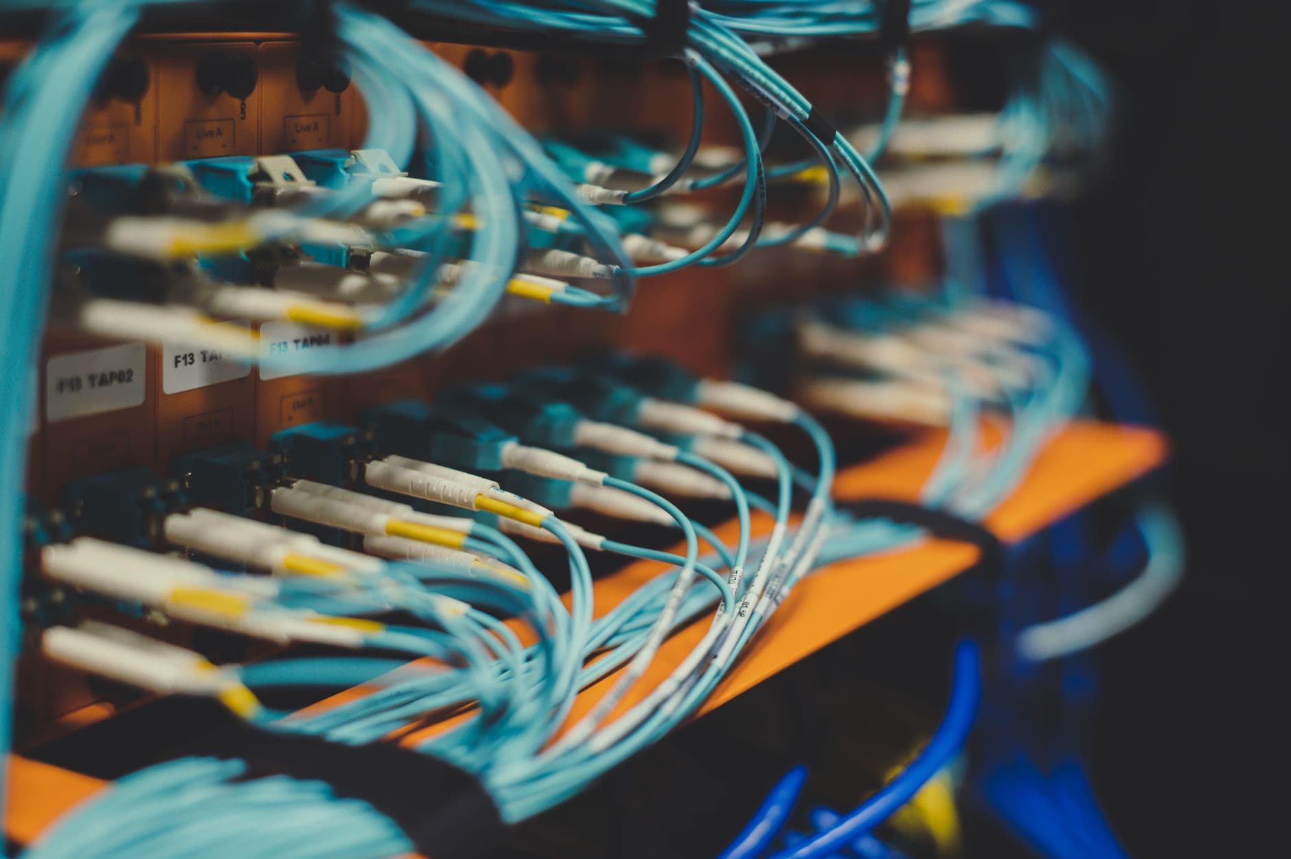 Fiber optic cables connected to a network patch panel in a rack