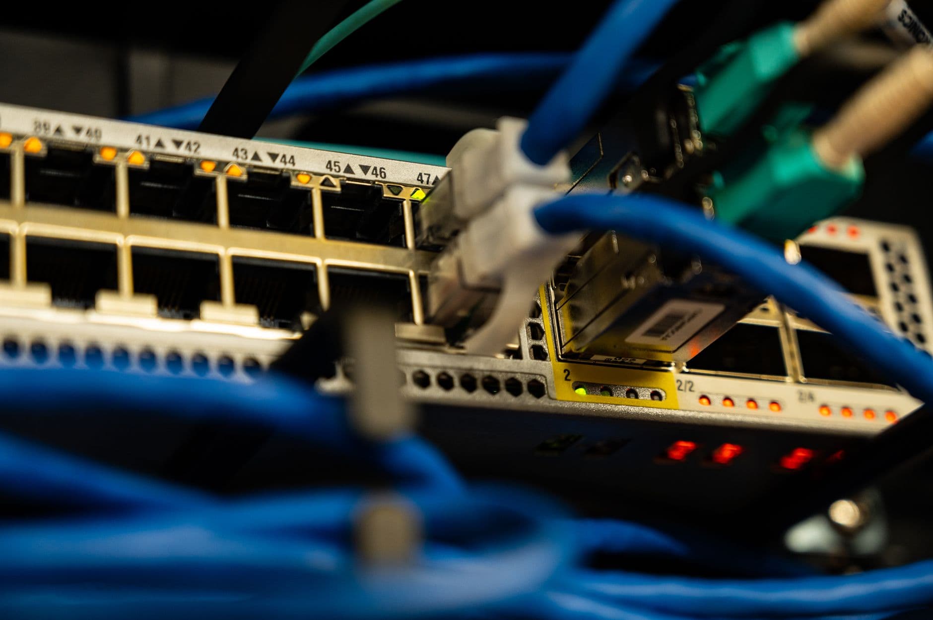 Network cables plugged into a switch with the port status lights on